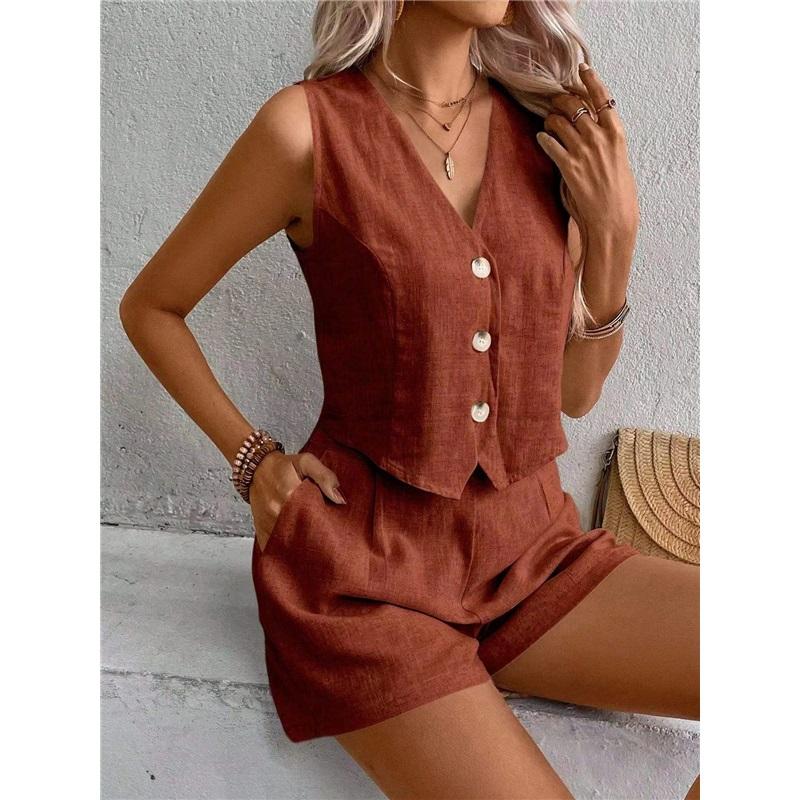 Women 2 Piece Outfit V Neck Sleeveless Button Vest High Waist Pocket Shorts Summer Linen Suit