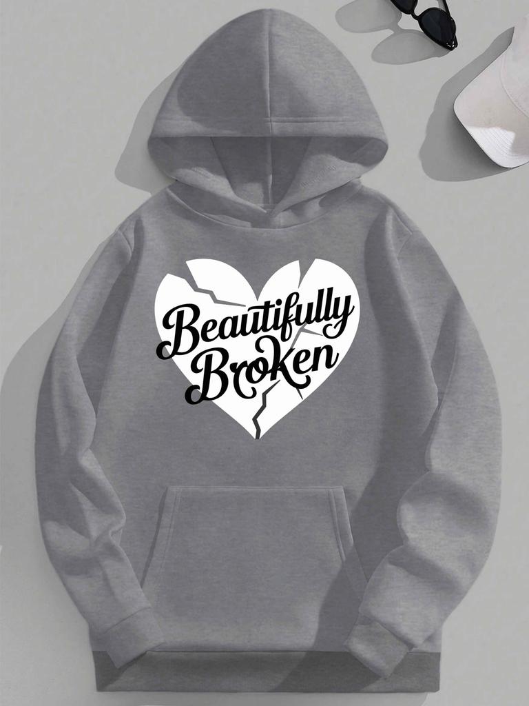Men's Hooded Sweatshirt with Beautiful Broken Heart Pattern - Black Loose and Casual Pullover, Machine Washable