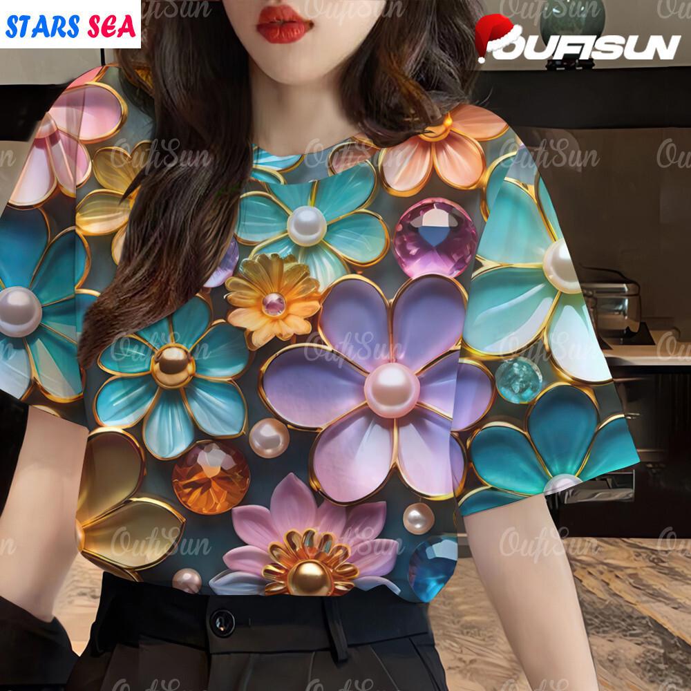 3d Colorful floral short Sleeve T-shirt for women's fashion loose plus size pullover