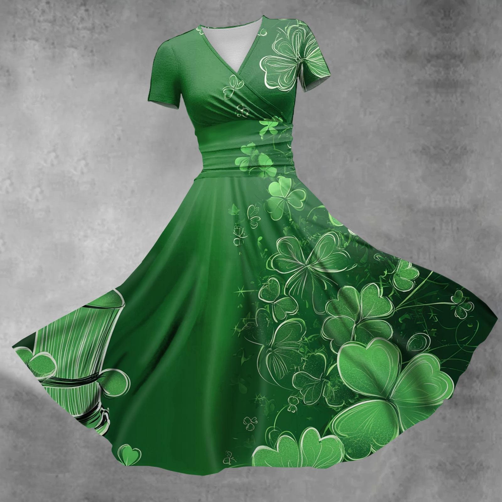 Women s Princess Dress Sexy V-Neck Printed Waist Cinched Pleated Short Sleeved Dress XXXL