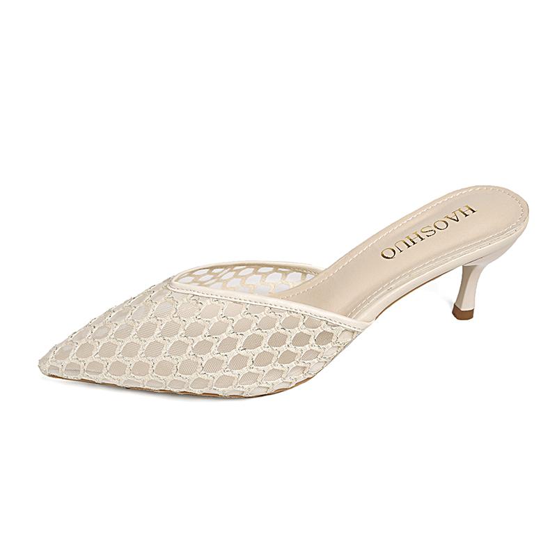 Fashion Baotou Slippers Women's Fashion Pointed Toe Shallow Mesh Breathable Cover Foot Anti-slip Wear-resistant High Heels