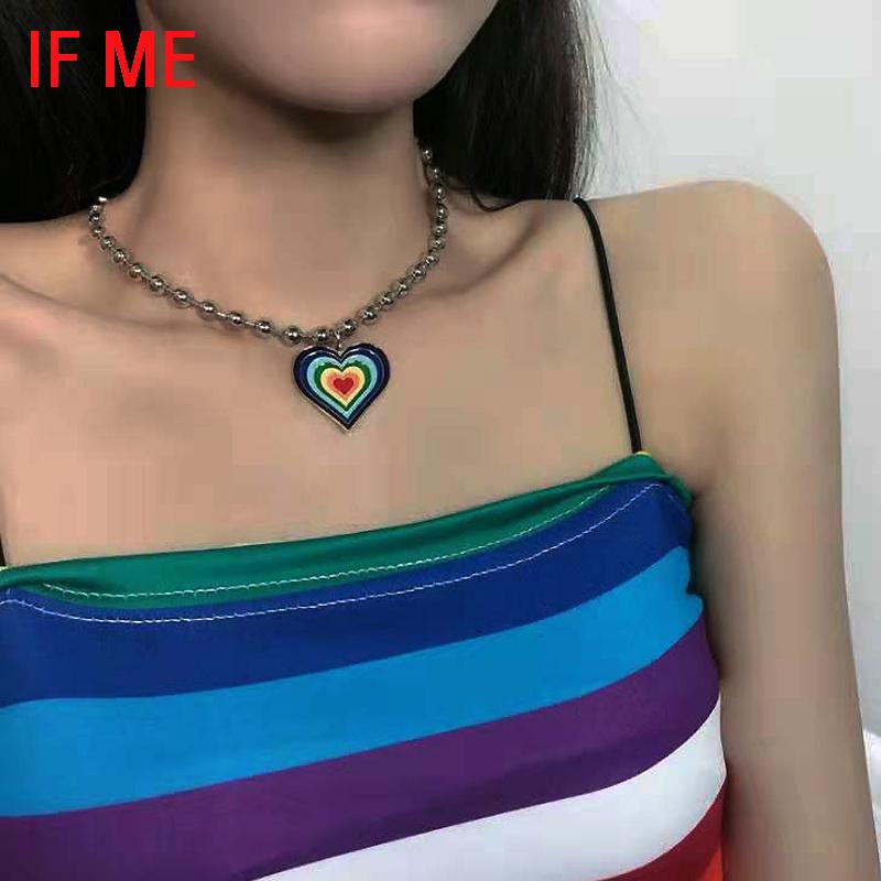 iF ME Vintage Colorful Multiple Love Heart Necklace Pendant for Women Girl Silver Hiphop Punk Long Beads Chain Necklaces Jewelry