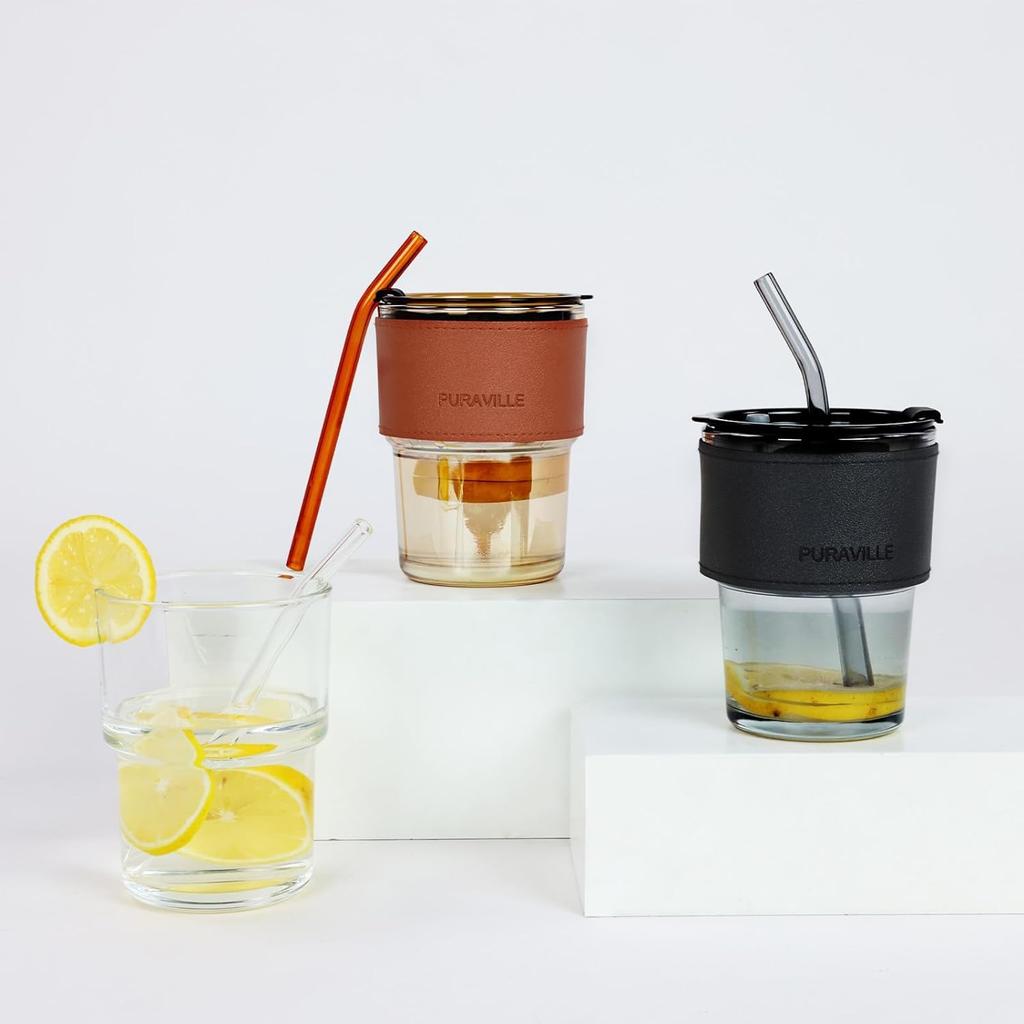 2-Pack 13.5oz/400ml Iced Coffee Cups with Lids and Straws, Glass Tumblers Thick Wall Coffee Mug with Insulated Sleeves,Amber