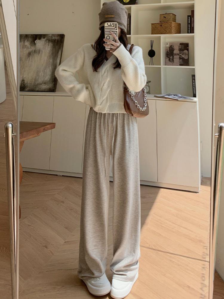 Women's Dark Gray Soft Wide-Leg Glutinous Rice Pants - Spring/Autumn Plus Velvet Warm Casual Petite Long Pants.