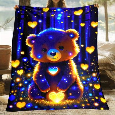 Glow-in-the-Dark Blue Bear Flannel Blanket - Soft & Lightweight for Sofa/Bed/Travel,Digital Print Cozy Gift for Family & Friends