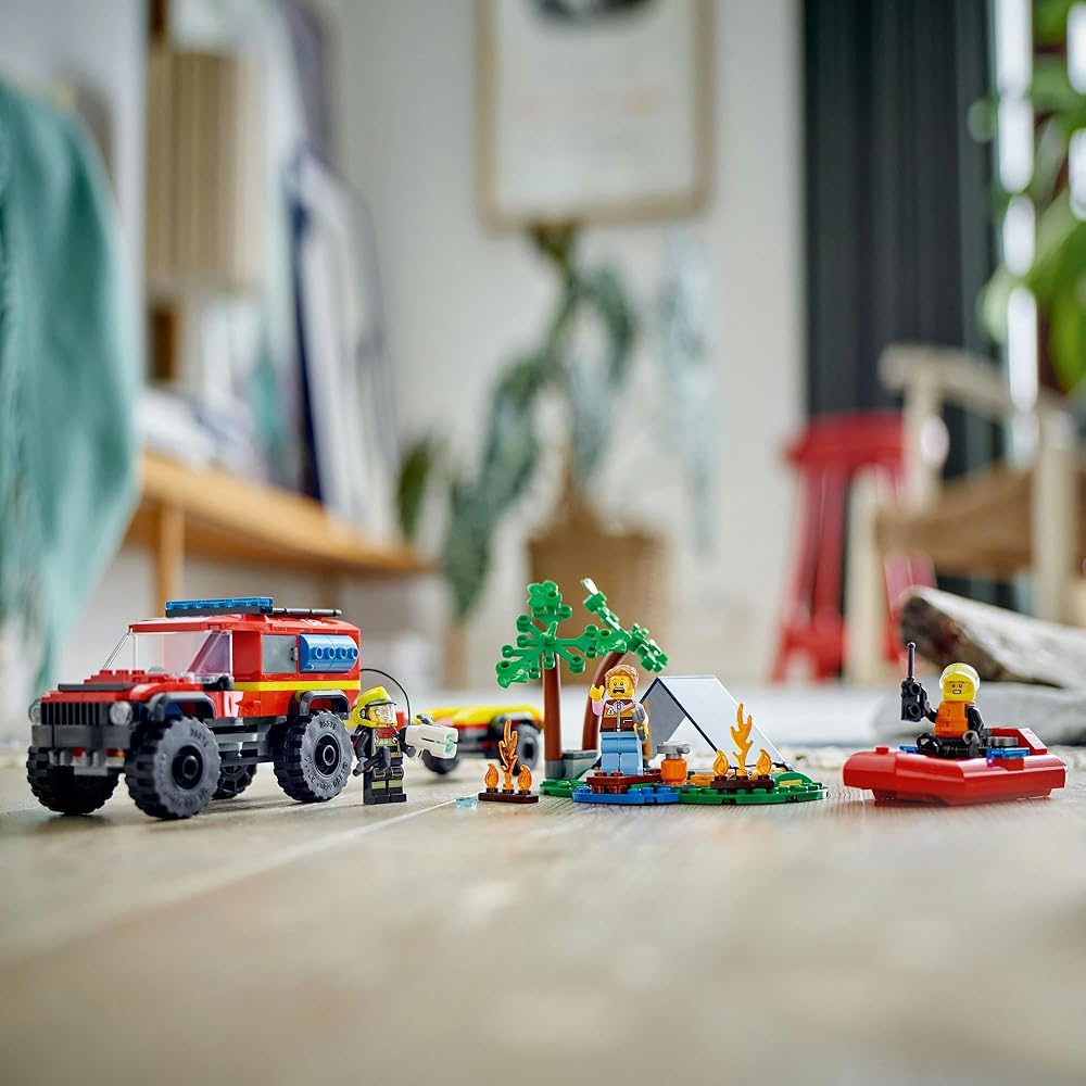 LEGO City 4WD Fire Truck and Rescue Boat Toy Set for Kids Ages 5-8 Building Blocks Vehicle
