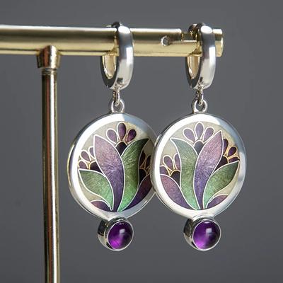 Exquisite Damenmode, europäische und amerikanische Emaille, bunte und elegante Ohrringe, vielseitige Super-Fee-Blumen-Amethyst-Anhänger-Ohrringe JWLY