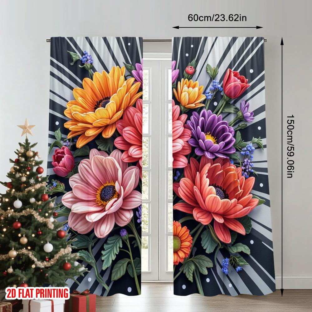 Set Of 2 Flat Printing Curtain Vibrant Floral Garden Polyester Digital Printed Drapes Family Party Use Indoor Outdoor
