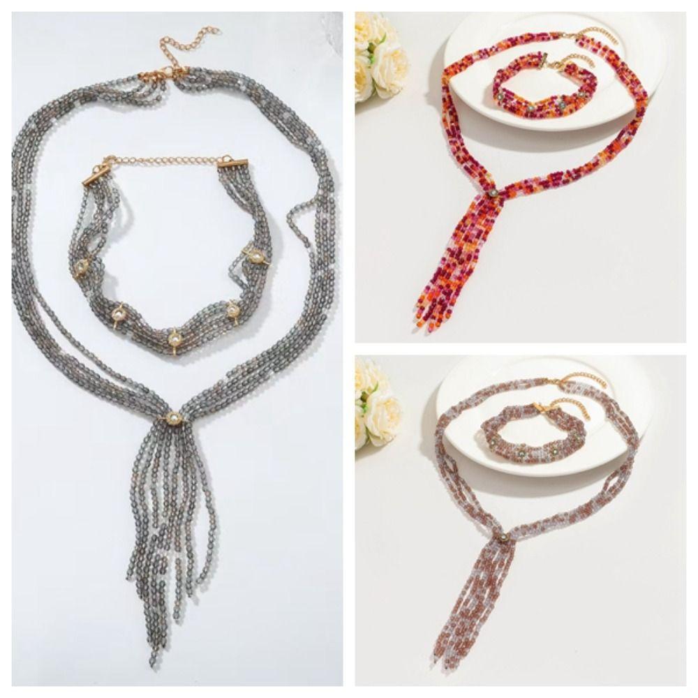 2 PCS Exaggerated Stacked Beads Necklace 2 Layers Women Collarbone Chain  Banquet