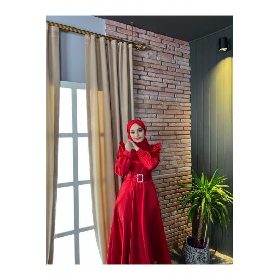 Women's Satin Hijab Evening Dress with Stone Buckle Waist and Flared Skirt