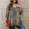 Women's Plus Size Fashion Printed Casual Pleated Round Neck Long Sleeve Top