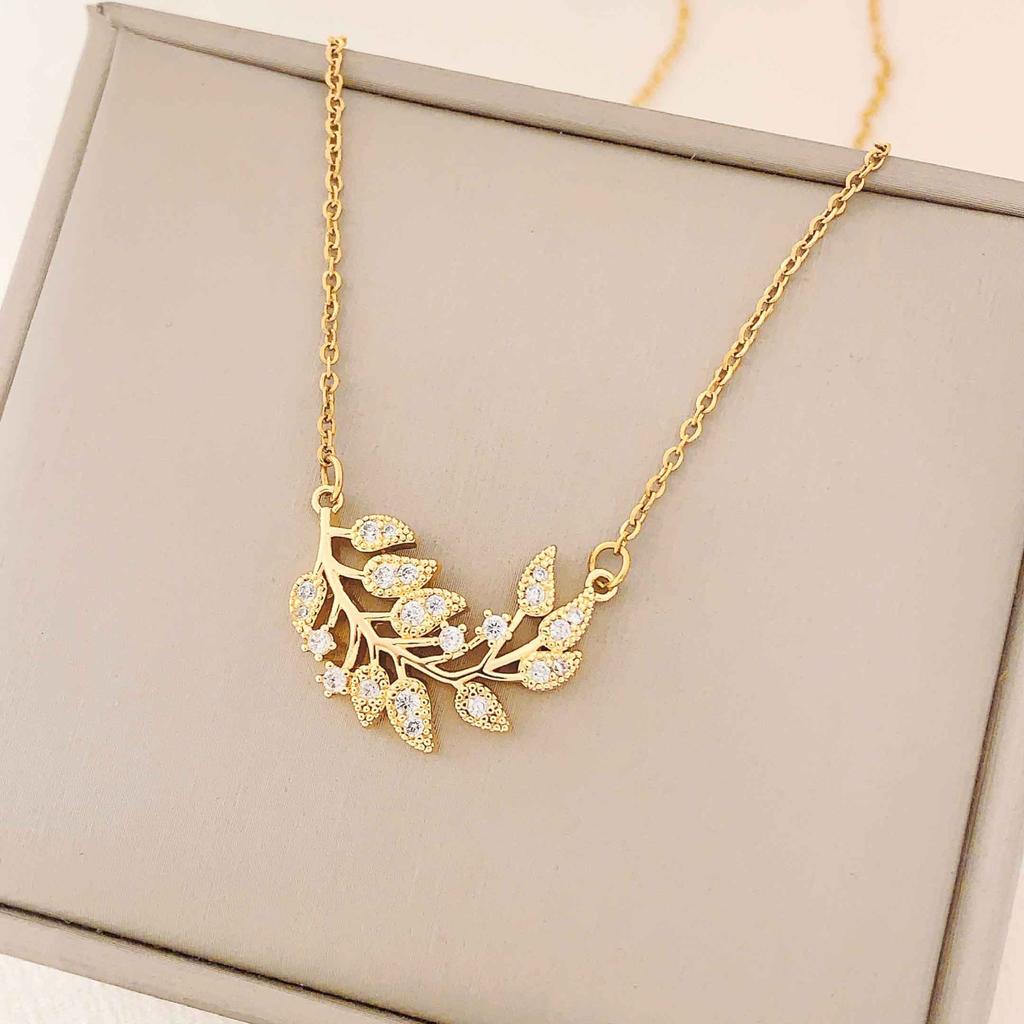 PTTOZAN Gold Plated Leaves Pendant Necklace Women Titanium Steel Necklace Full Zircon Summer Party Jewelry