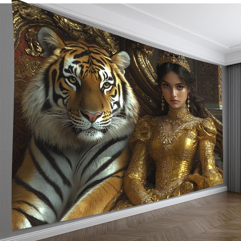 Girl and Tiger Theme Digital printing polyester wall hanging tapestry decorative Living room bedrooms Office background gift