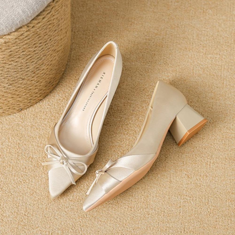 Black Heels Elegant Woman Heeled Shoes Show Thick Heel Pointed Women's Shoes 2026 New Bow Satin Middle Heel Single Shoes Women
