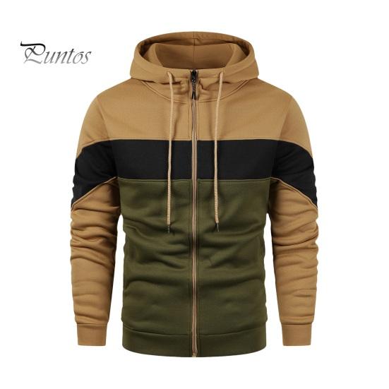 

Осень-весна Мужская толстовка с капюшоном на шнурке с цветными блоками, застежка-молния, эластичные манжеты, свободный кардиган с капюшоном, длинные рукава, спортивная повседневная куртка L хаки
