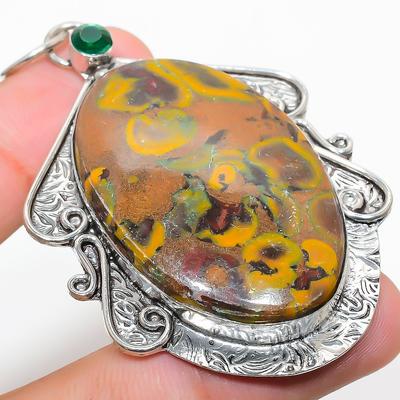 Φυσικό Πέτρωμα Ιάσπη Μπαμπού, Πέτρα Διόψιδης Ασημένιο Κρεμαστό 925 2.76" S3M86