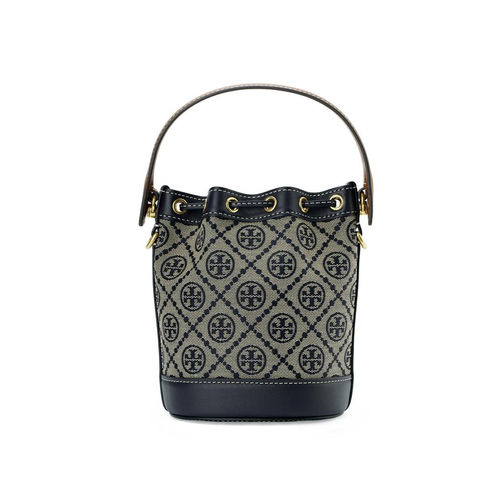 Tory Burch T Monogram All Over Print Drawstring Leather Bucket Bag Women Bags Dark-Blue-Denim 80534-405