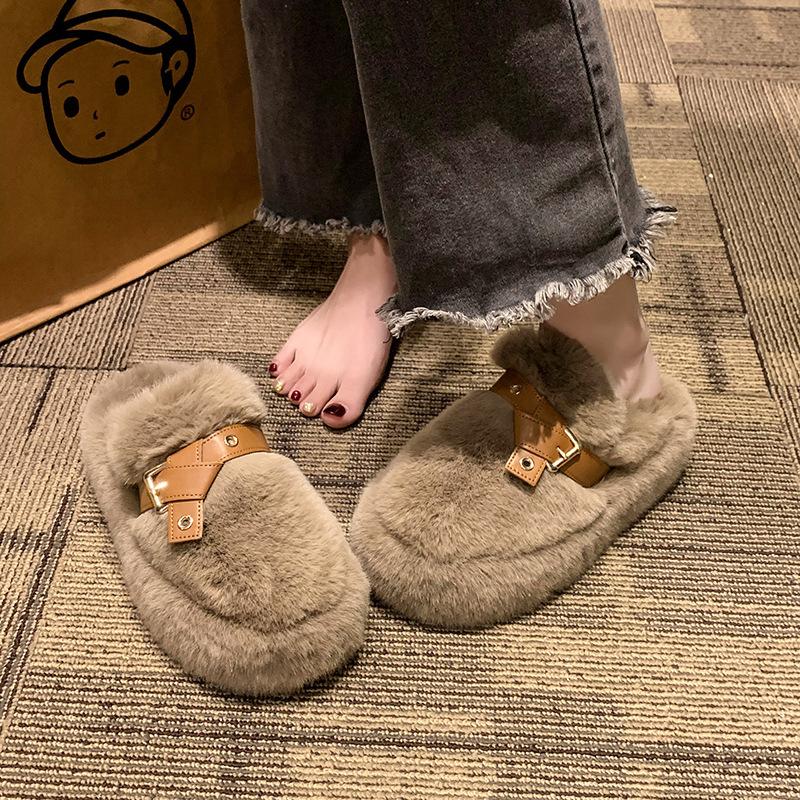 Flauschige Hausschuhe mit dicker Sohle für Damen zum Tragen 2024 neuer Zehenbereich, Samt zum Warmhalten, niedliche Windgürtelschnalle, Baumwollhausschuhe für zu Hause