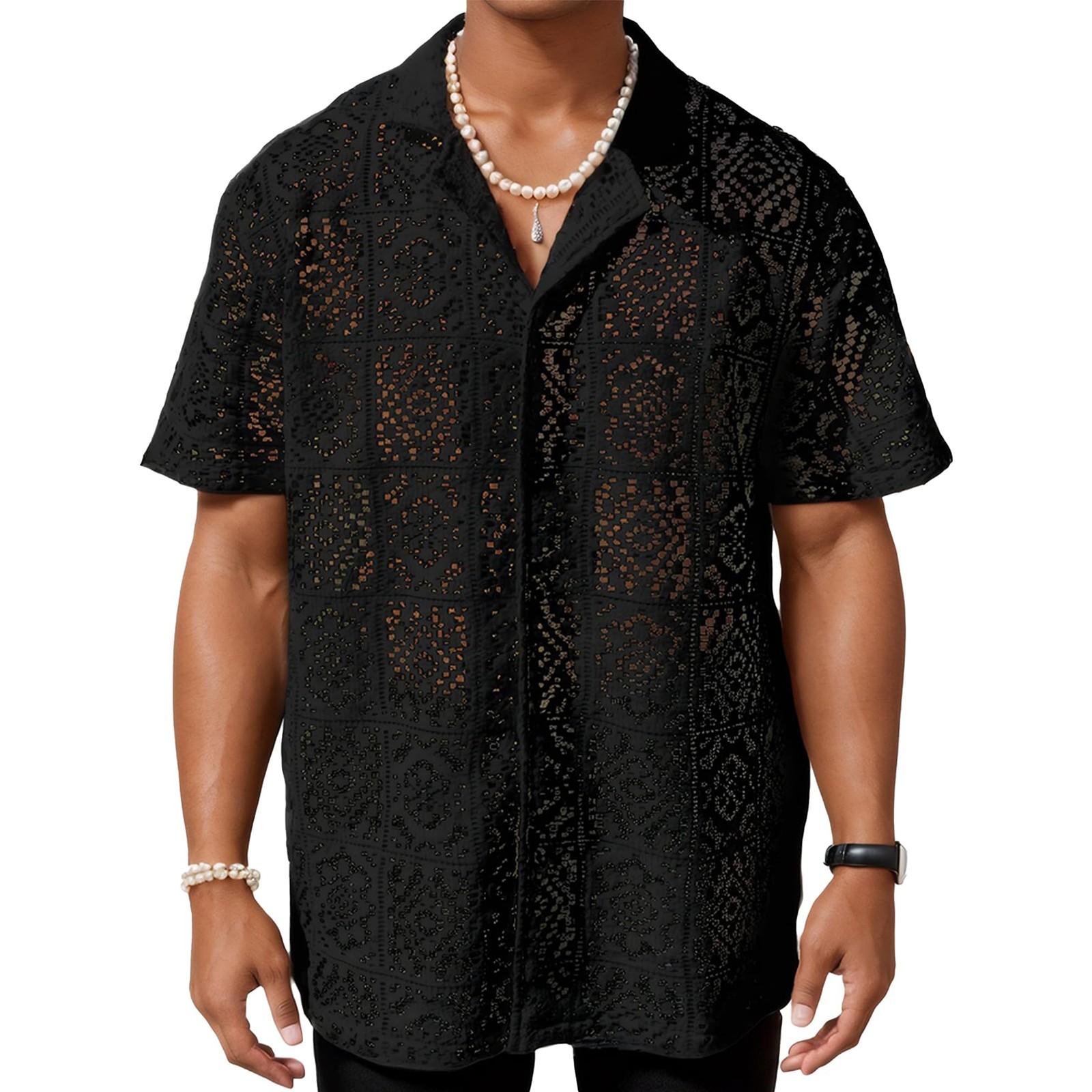

Мужская кружевная рубашка с коротким рукавом и прозрачными пуговицами, праздничный повседневный ажурный топ L чёрный