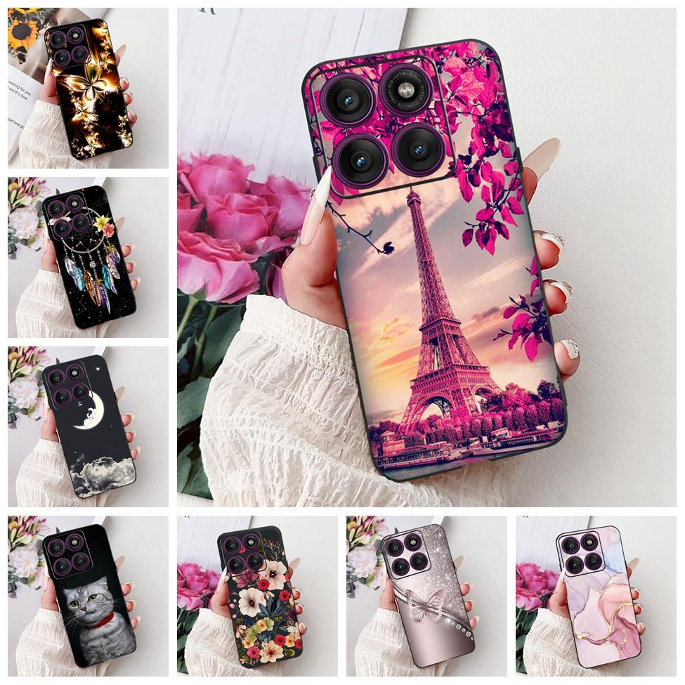For Motorola Edge 60Pro XT2507-1 Back Cover For Motorola Edge 60 Pro Case Cute Cartoon Luxury Flower Painted Black Silicone 6.7"