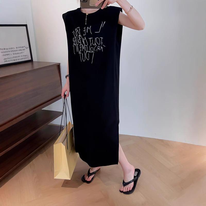 Damenrock Schlitz Lang Locker Große Größe Ärmelloses T-Shirt Mode Lässiges Kleid Westenkleid