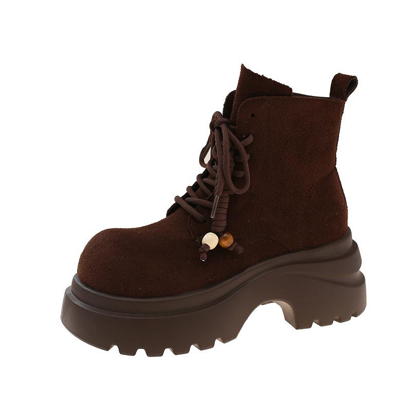 Retro Thick-soled Heightening Martin Boots for Women's 2025 Autumn New Fashionable Maillard Slim Short Boots Lace-up Rhubarb Boots