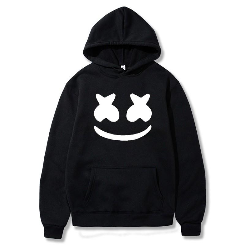 Mens Marshmello Smiley Face Hooded Sweatshirt Loose Fit Cotton Blend Winter Pullover