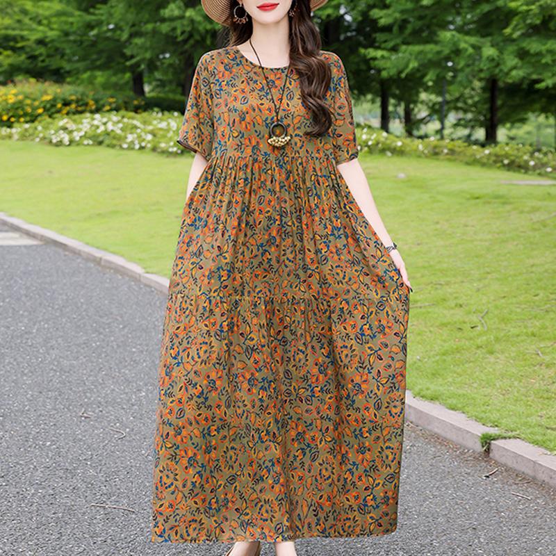 Elegantes Sommerkleid für Damen, Vintage-Kleidung, Übergröße, lässig, kurzärmelig, lange Kleider