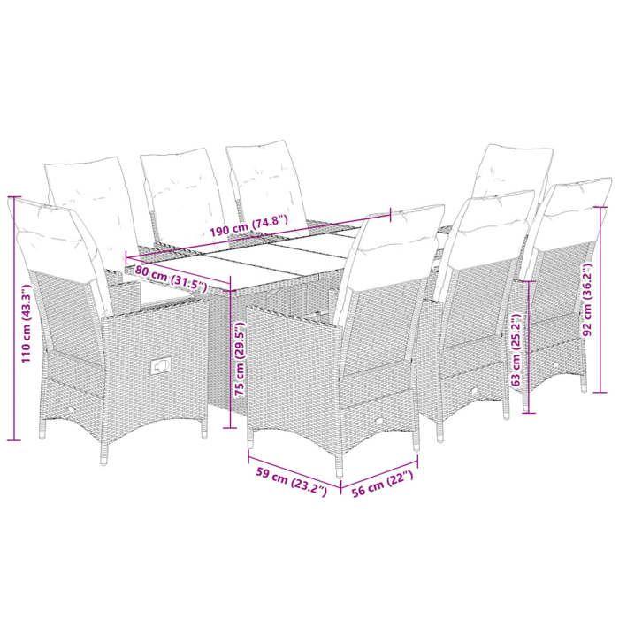 VidaXL 9-piece Garden Dining Set Grey Cushions Wicker 3276745