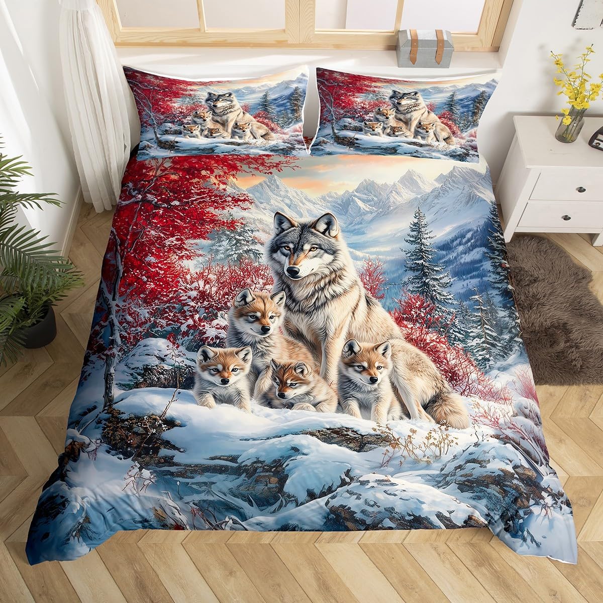 

Wolf Duvet Cover Twin Queen 2/3Pcs Wild Animal Wolves Bedding Set For Boys Girls Teens Microfiber Snow Mountain Comforter Cover AU Double(180x210cm)