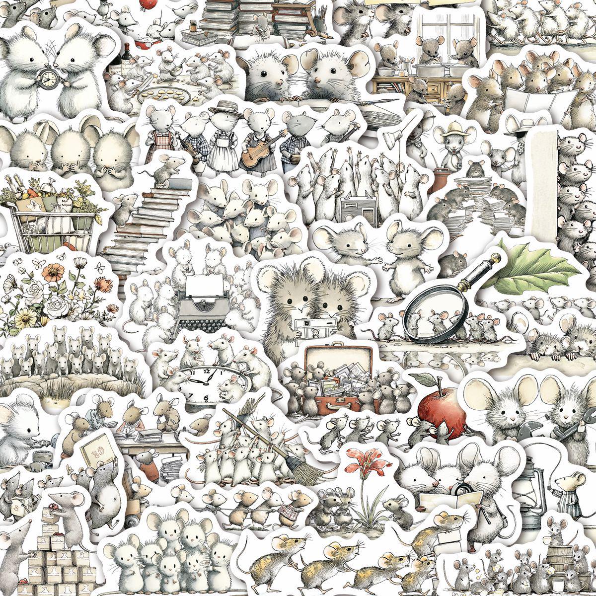 50 Retro White Mouse Family Graffiti Stickers for Creative Journaling & Decoration