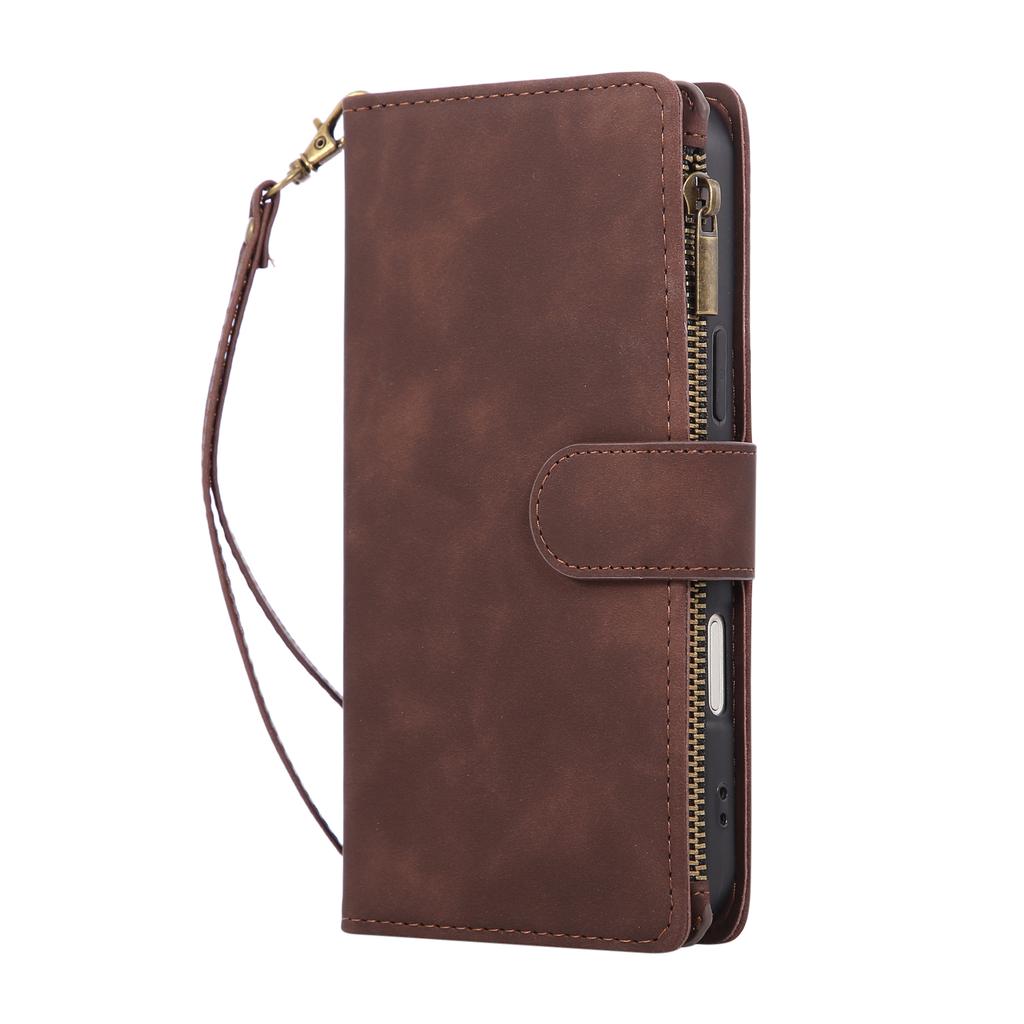 For iPhone Air Case Zipper Wallet Multiple Card Slots Leather Phone Cover with Wrist Strap