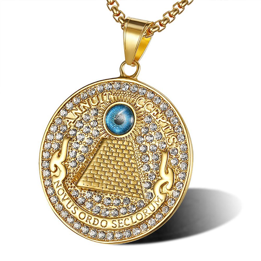 Ancient Egypt Pyramid All See Eye of Providence Pendant Gold Color Stainless Steel Round Necklace for Men Egyptian Jewelry Gift 60cm