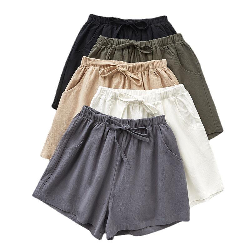 Women's Summer Cotton Linen Trousers Solid Color Elastic Waist Wide-leg Short Pants