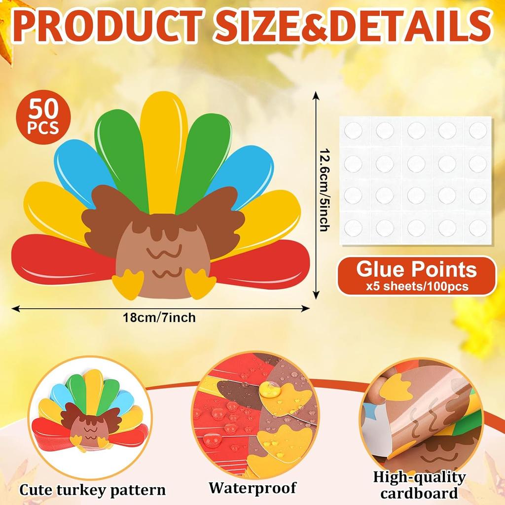 50Pcs Thanksgiving Turkey Cutouts Thanksgiving Turkey Bulletin Board Photo Cutout Fall Bulletin Board Decor Autumn Harvest DIY Craft Art School Home
