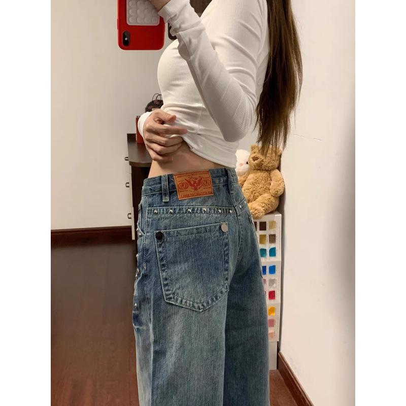 Women's High-Waisted Washed Rivet Wide-Leg Jeans - Autumn/Winter Floor-Length, Comfortable, Versatile, Slimming Straight Pants