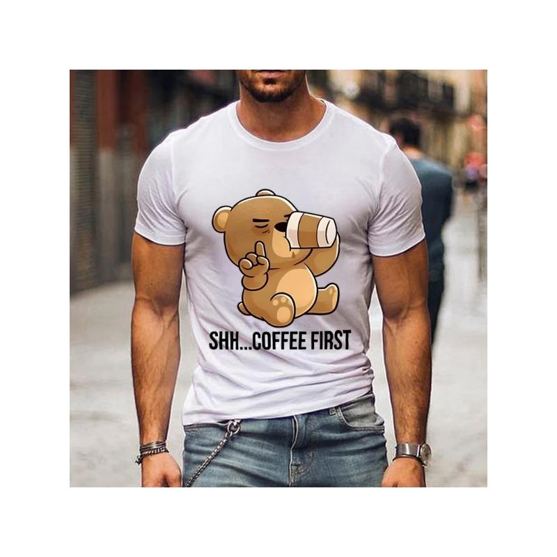 Men's Coffee Bear T-Shirt - SHH... Coffee First Slogan & Anime-Inspired Kawaii Teddy Bear Print, Casual Short Sleeve Round Neck Tee for Coffee Lovers