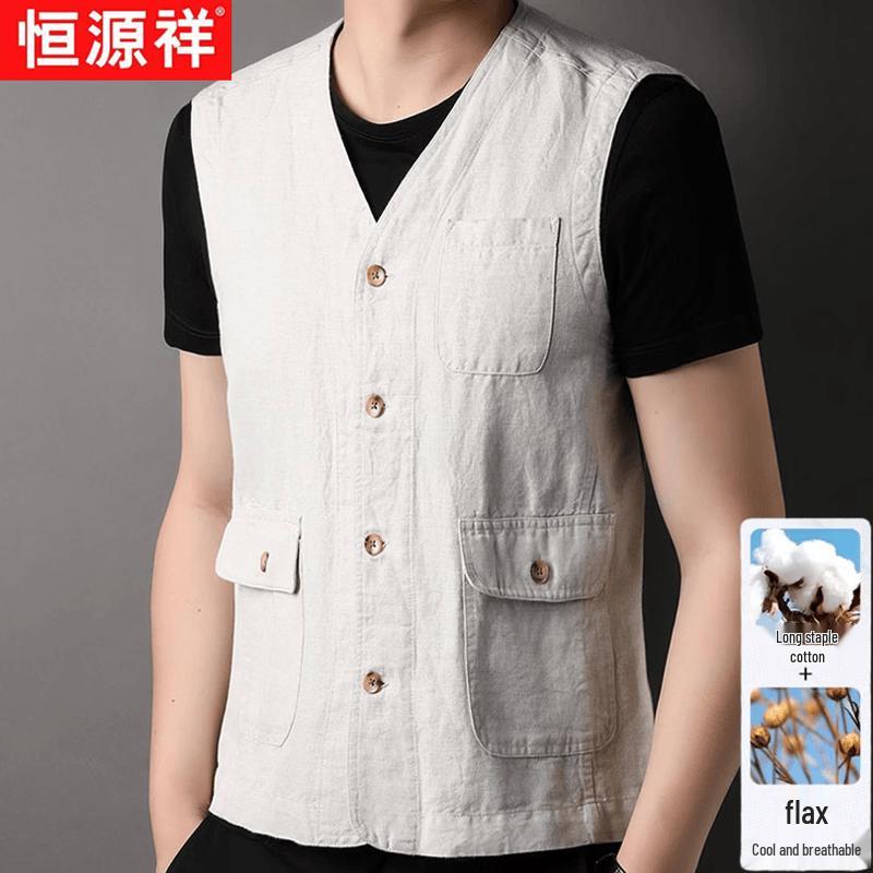 Hengyuanxiang Men s Summer Cotton Linen Sleeveless Work Vest 2XL
