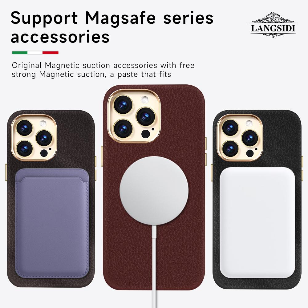 Echtes Leder Handyhülle für Magsafe Hülle für iPhone 14 13 Pro Max 14 Plus Litschi-Muster Kabelloses Laden Magnetische Rückseite