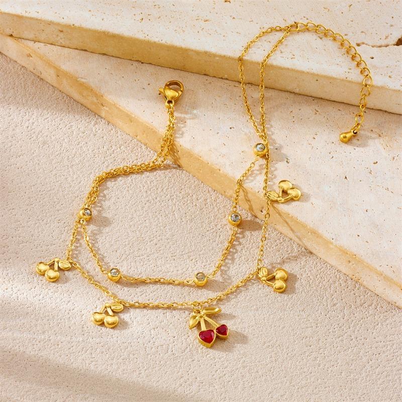 Double Layer Gold Cherry Charm Anklet with Zircon