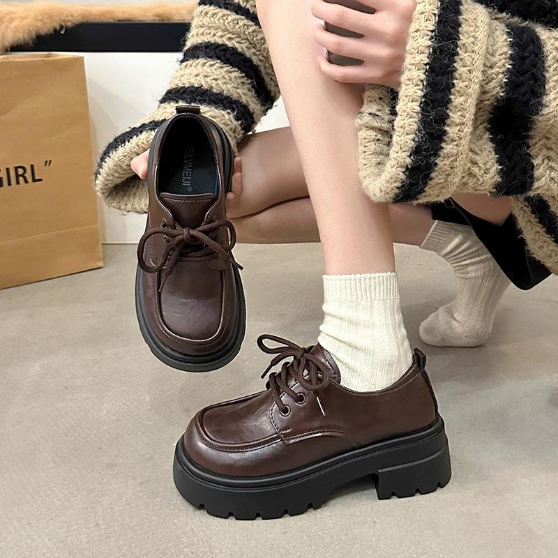 thick-soled brown small leather shoes for women in spring 2025, new lace-up British style versatile loafers, height-increasing single shoes for women
