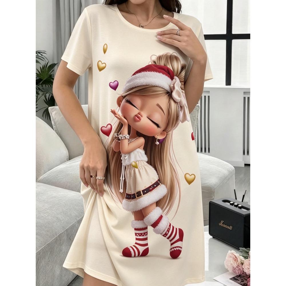 Fashion Comfortable Versatile Breathable Dress Cute Cartoon Printed New Year Dress Women Short Sleeve O-Neck Loose Casual Dress