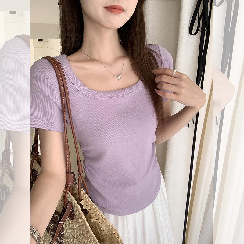 Mashed taro purple pure desire pleated square neck short-sleeved T-shirt women's summer new niche design temperament top