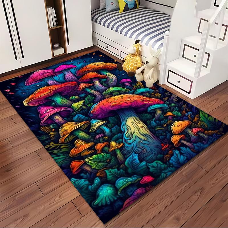 Vibrant Mushroom Forest Art Rug Non-slip Rug Suitable for Living Room and Bedroom Sofas.