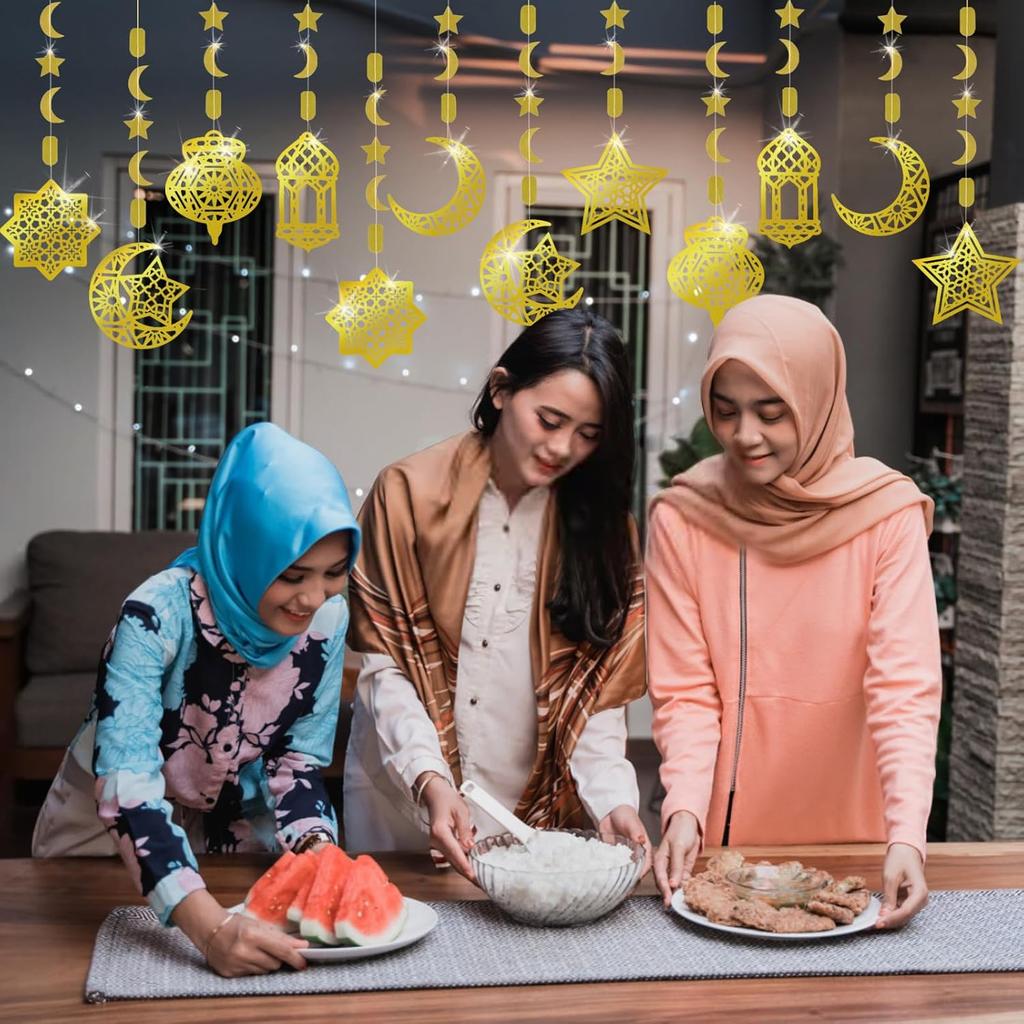 AhfuLife Ramadan Mubarak Eid Decorations for Home, 6 PCS Pre-Tied Golden Islamic Star Moon Lantern - Reble Eid Garland Streamer Eid Mubarak