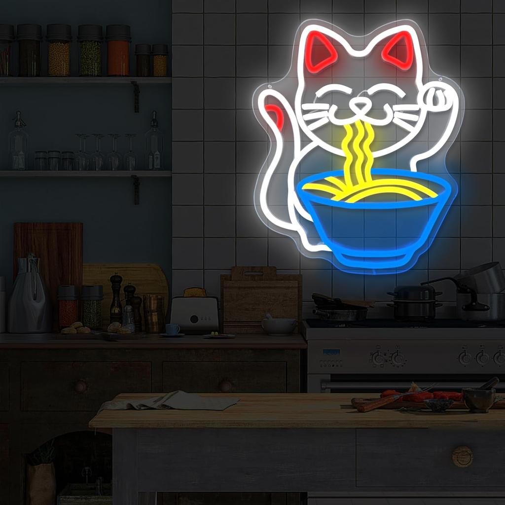 Fortune Cat Ramen Neon Sign Cat Neon Sign Dimmable Japanese Noodles Led Neon Signs for Wall Decor Anime Light Up Signs Neon Lights for Bedroom Store