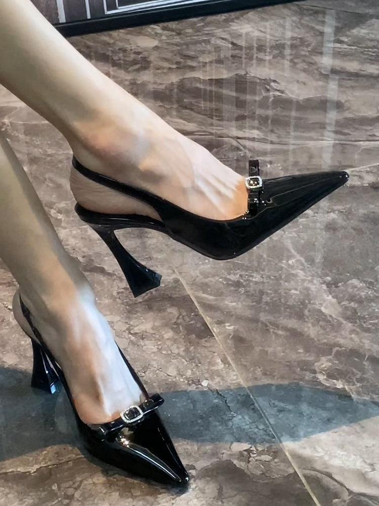 Burgundy Bow Buckle Rhinestone Sandals Women's Horseshoe Heel One-word Strap Sexy Celebrity High Heels