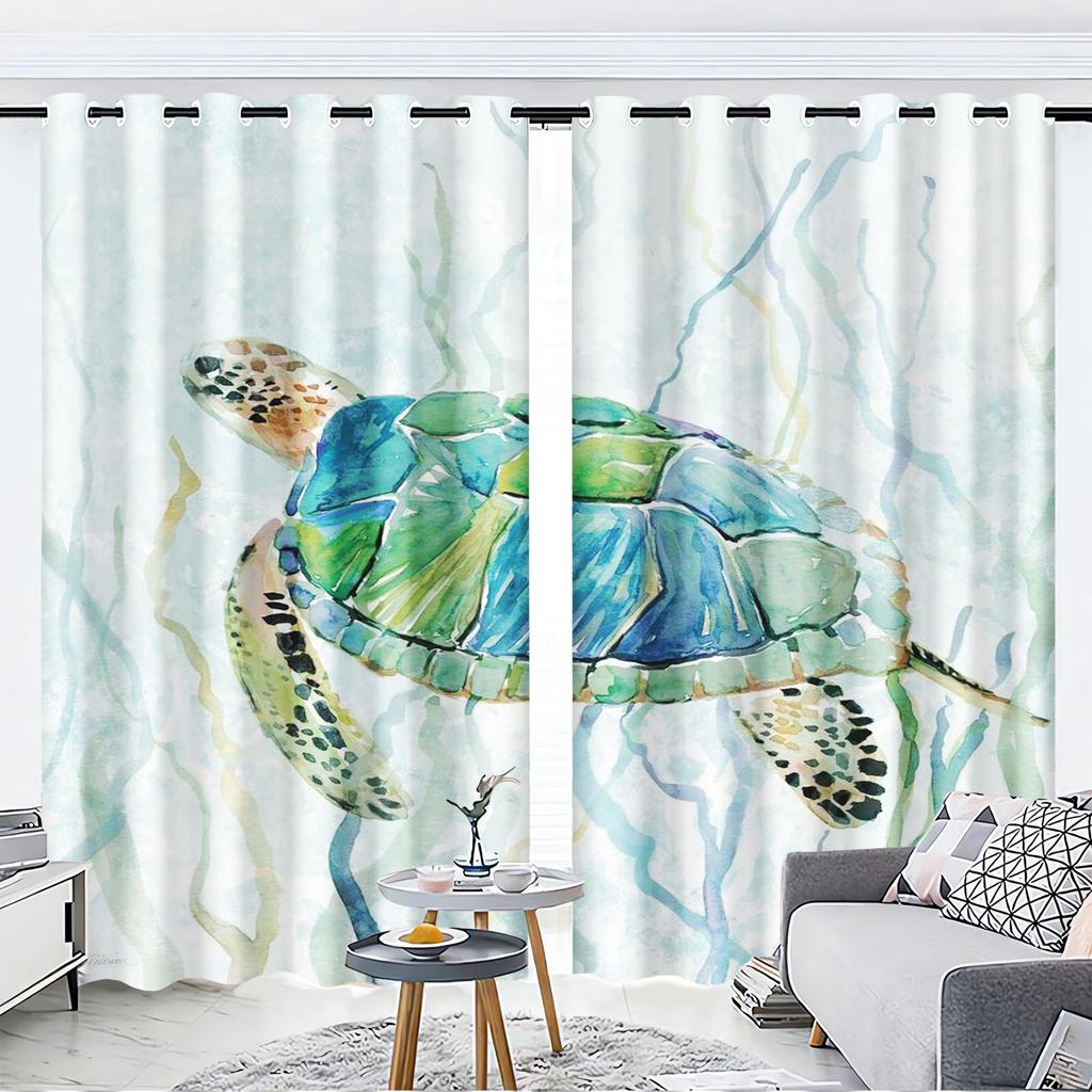 Cartoon Sea Turtles Curtain Sets, Window Decoration, 100% Polyester Shade, Bedroom, Living Room