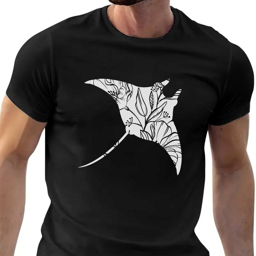 Manta Ray Floral Graphic Tee Men Short Sleeve Breathable Cotton Casual Summer TShirt