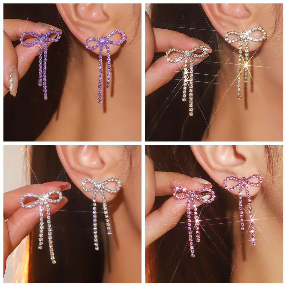 Sparkly Rhinestone Bow Earrings Personalized Bowknot Ear Stud Creative Gift Long Dangle Earrings